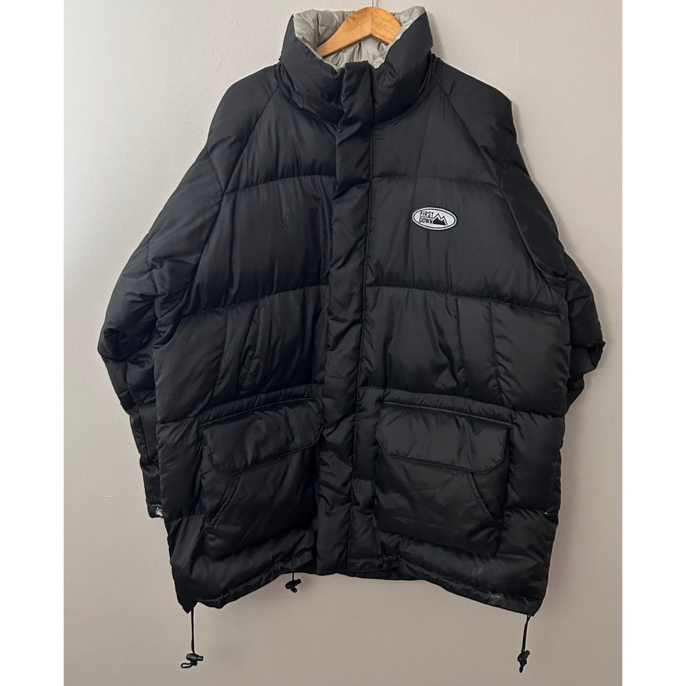 First Down Mens XXL Black Duck Down Puffer Jacket Hooded Winter Coat Vintage 90s